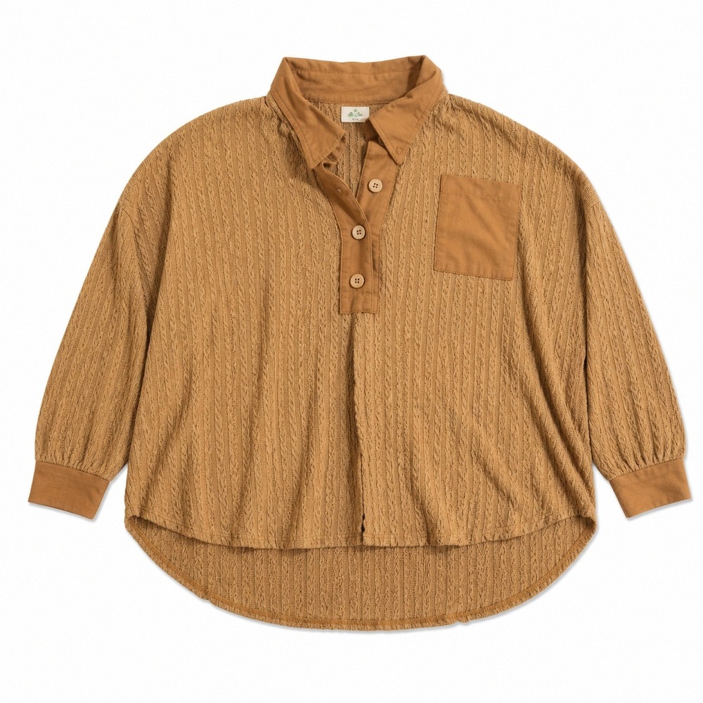 Blue Buttercup Cable Knit Henley Top Camel‎ Brown Oversized Button Up Pocket XL